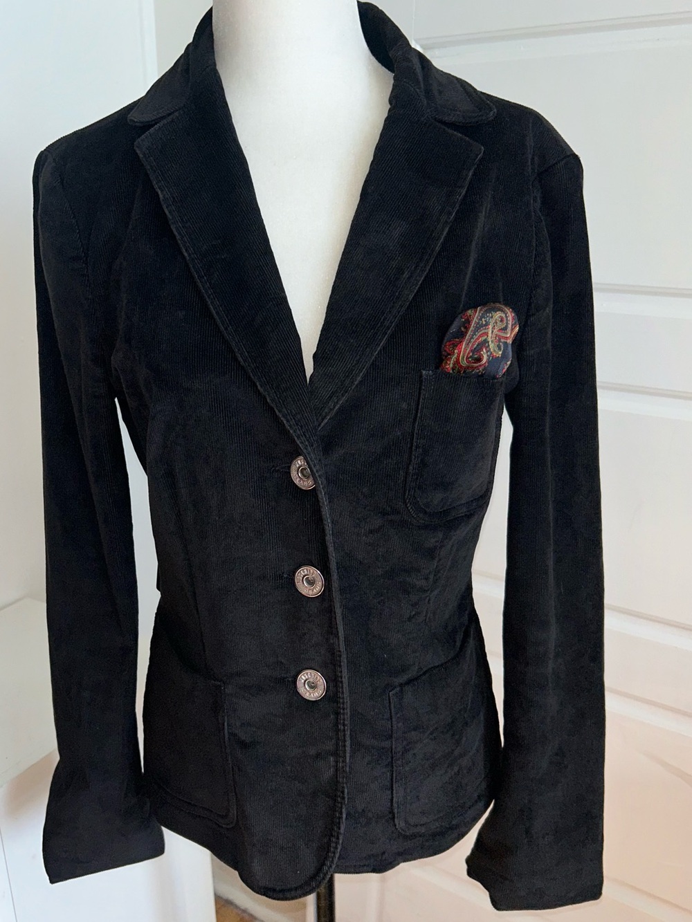 Moschino Jeans Black Corduroy Blazer Paisley Pocket Square Size US 12